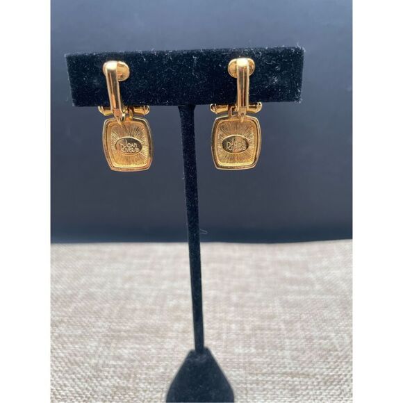 Joan Rivers Vintage Cabochon Stud Earrings Faux Amber Gold Black Enamel Signed - Picture 4 of 5